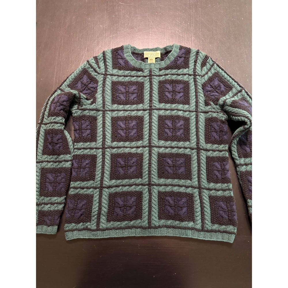 Jones New York Country Hand Knit Wool Sweater Green Navy Patchwork Cable Knit M